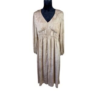 NWT INC International Concepts Seneca Leaf Print V-Neck Midi Dress Tan Womens 12